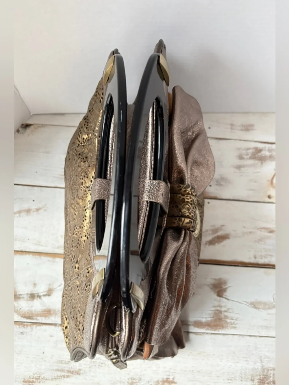 SHARIF Rare leather Bow satchel vintage style bronze copper metallic purse chic
